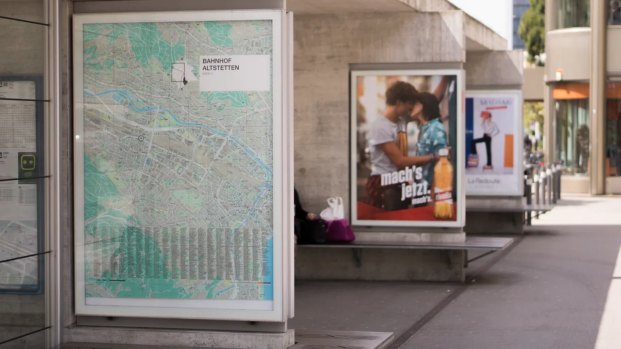 advertisement, billboard, outside, poster, train station, gray train, billboard, billboard, billboard, billboard, billboard, poster. Two display advertising case studies compared for publisher and audience gaps