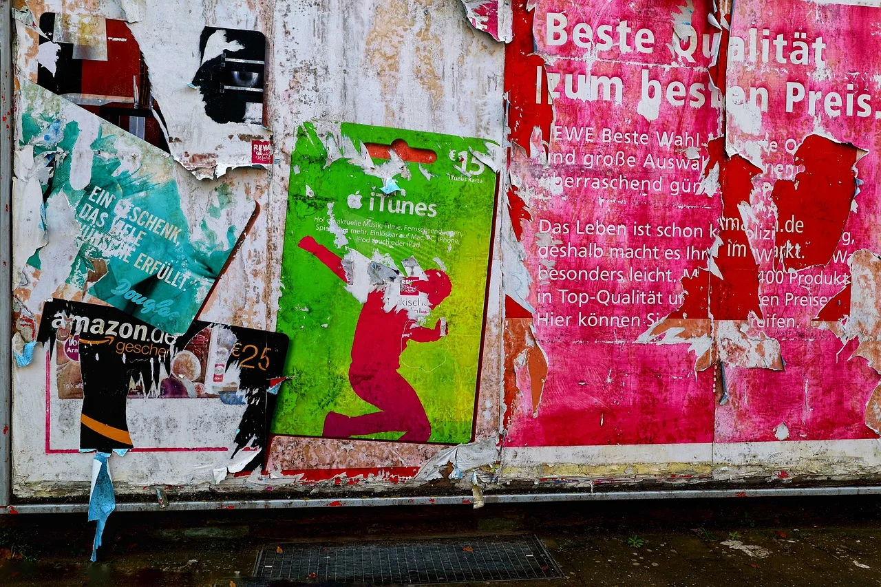 advertisement, billboard, decay, multicoloured, city advertising. Reading the display advertising examples closely