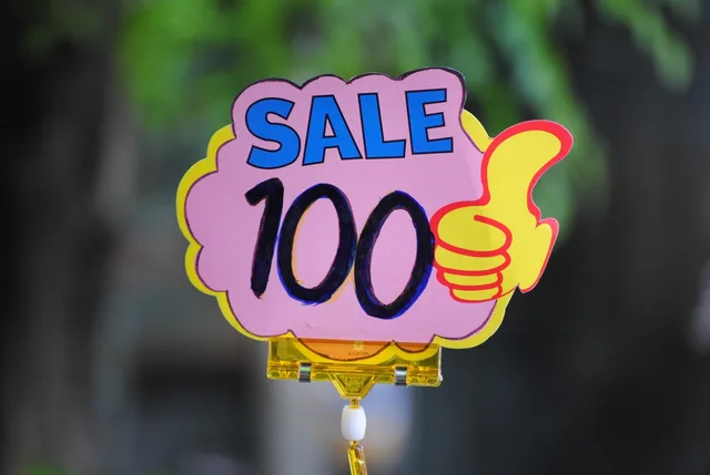 price tag, sign, discount label, price tag, price tag, price tag, price tag, price tag. Display advertising mistakes: hiding a real price from the buyer